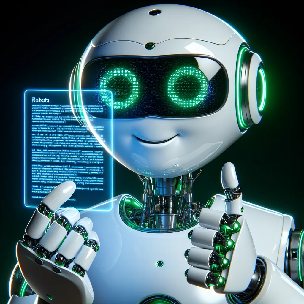 A kind-looking white robot with green accents, wearing black rectangular glasses, gives a thumbs up while examining a holographic Robots.txt document emanating from its hand, all against a flat black background.