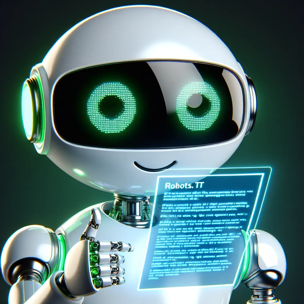 Image of a white robot with light green accents, reading a holographic file containing a Robots.txt document. It has black glasses, friendly digital eyebrows, long eyelashes, and a toothless smile. The robot is giving a thumbs-up, with the scene lit by green light against a black background.