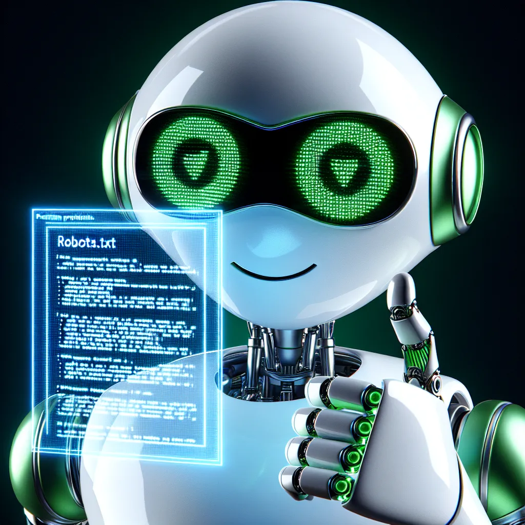 An intelligent and kind white robot with green features giving a thumbs-up, while examining a holographic file showing a Robots.txt document. The robot is wearing advanced black glasses, reflecting a green light through a stunning smile.