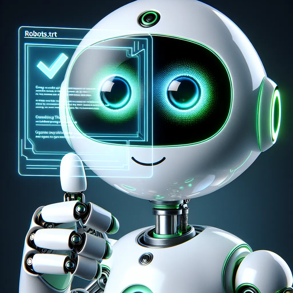 Alt text: A smart and friendly white robot with green highlights, wearing black rectangular glasses, gives a thumbs up while reviewing a transparent blue holographic Robot.txt document, complemented by a soft green light glow, against a clean black background.