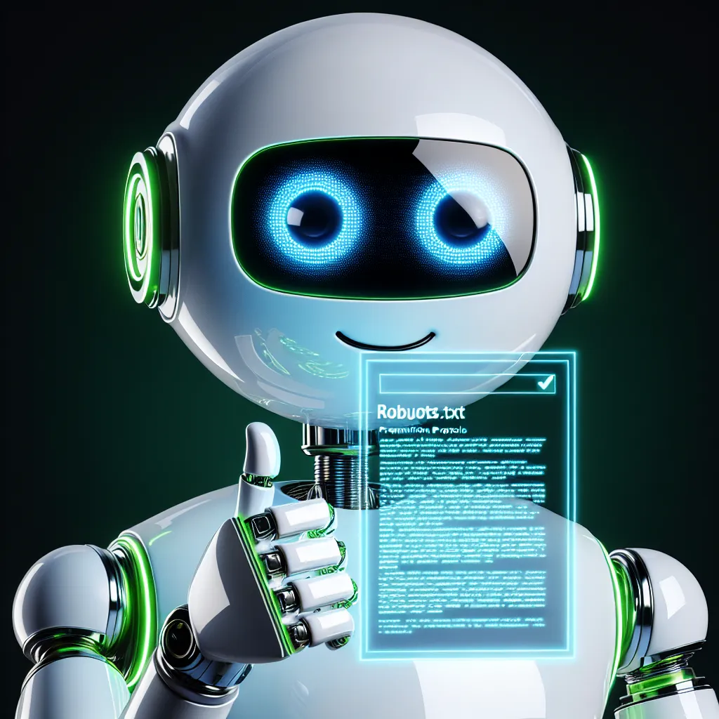A sophisticated white robot, with green highlights giving a thumbs up, while scanning a holographic robots.txt document with black-framed glasses, over a solid black background. The robot's body parts showcase detailed intricate metallic joints and thick fingertips.