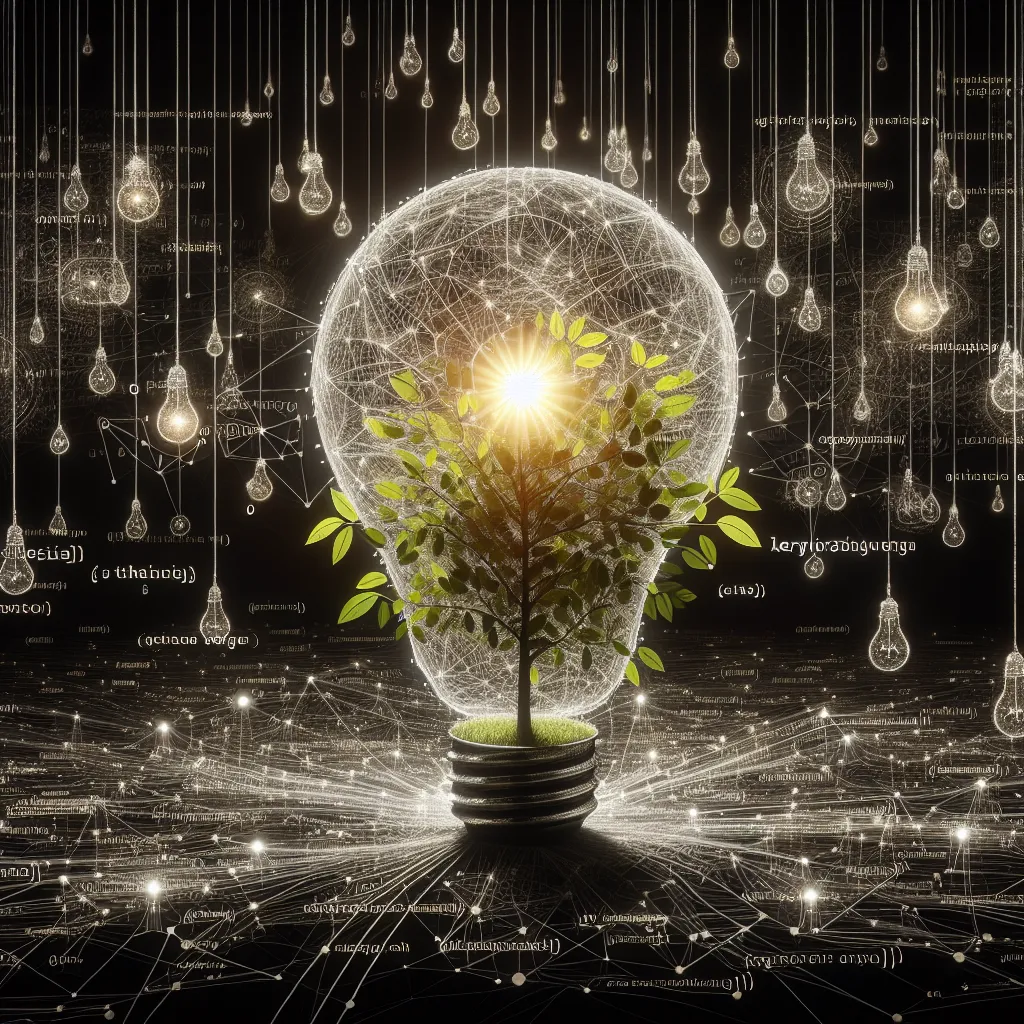 A digital art photograph showcasing a luminous lightbulb made from complex web code, spreading light onto a budding tree sprouting keywords. This symbolic image represents technical SEO triggering natural online growth.