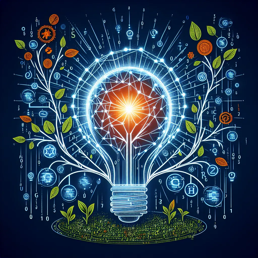A radiant lightbulb made of intertwined website code illuminates a budding tree adorned with SEO keywords, representing the ignition of organic online growth through technical elements, in a symmetrical, artistic, electric-blue pattern.