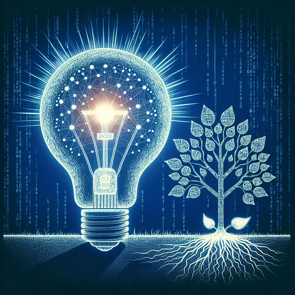 An illuminating image displaying an electric blue lightbulb crafted from web code, shedding light on a digital tree sprouting SEO keywords, signifying technical aspects sparking natural online expansion. This piece creatively incorporates elements of art, font, and line.