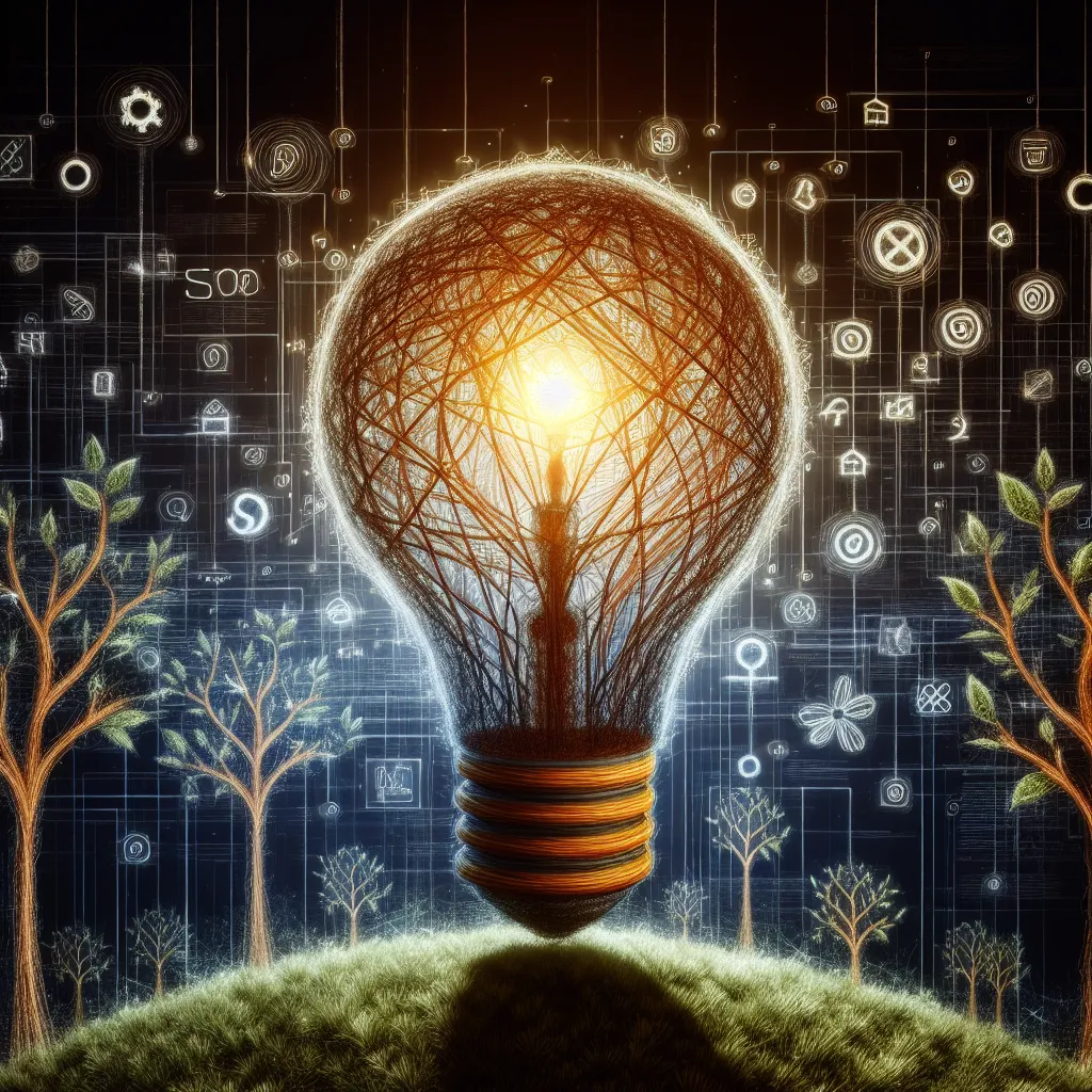 Digital artwork of a glowing lightbulb shaped from website code beaming light onto a tree sprouting SEO keywords, symbolizing organic online growth through electricity, nature, and world elements.