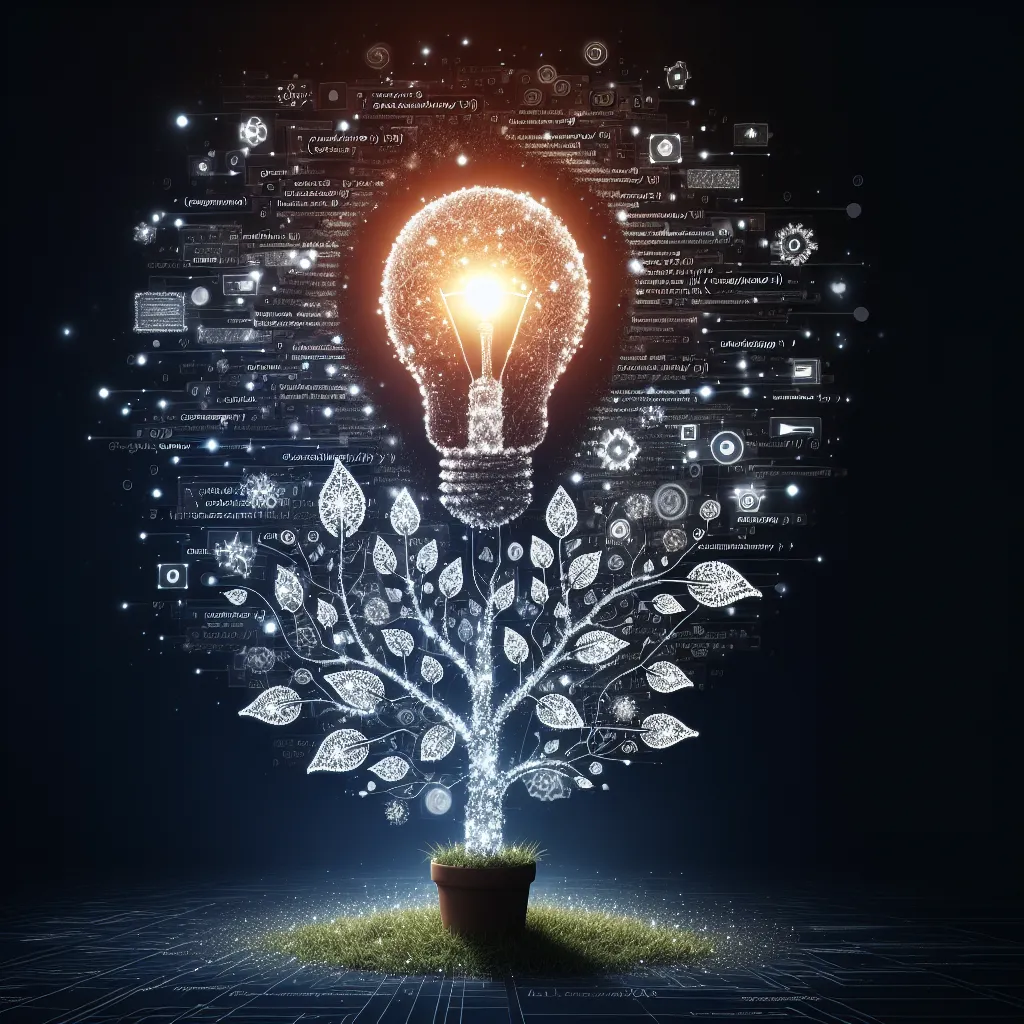 A vibrant lightbulb, crafted from intertwining website code, illuminates a budding tree which is flourishing with keywords. This represents the intricate technicalities of SEO sparking natural online growth.