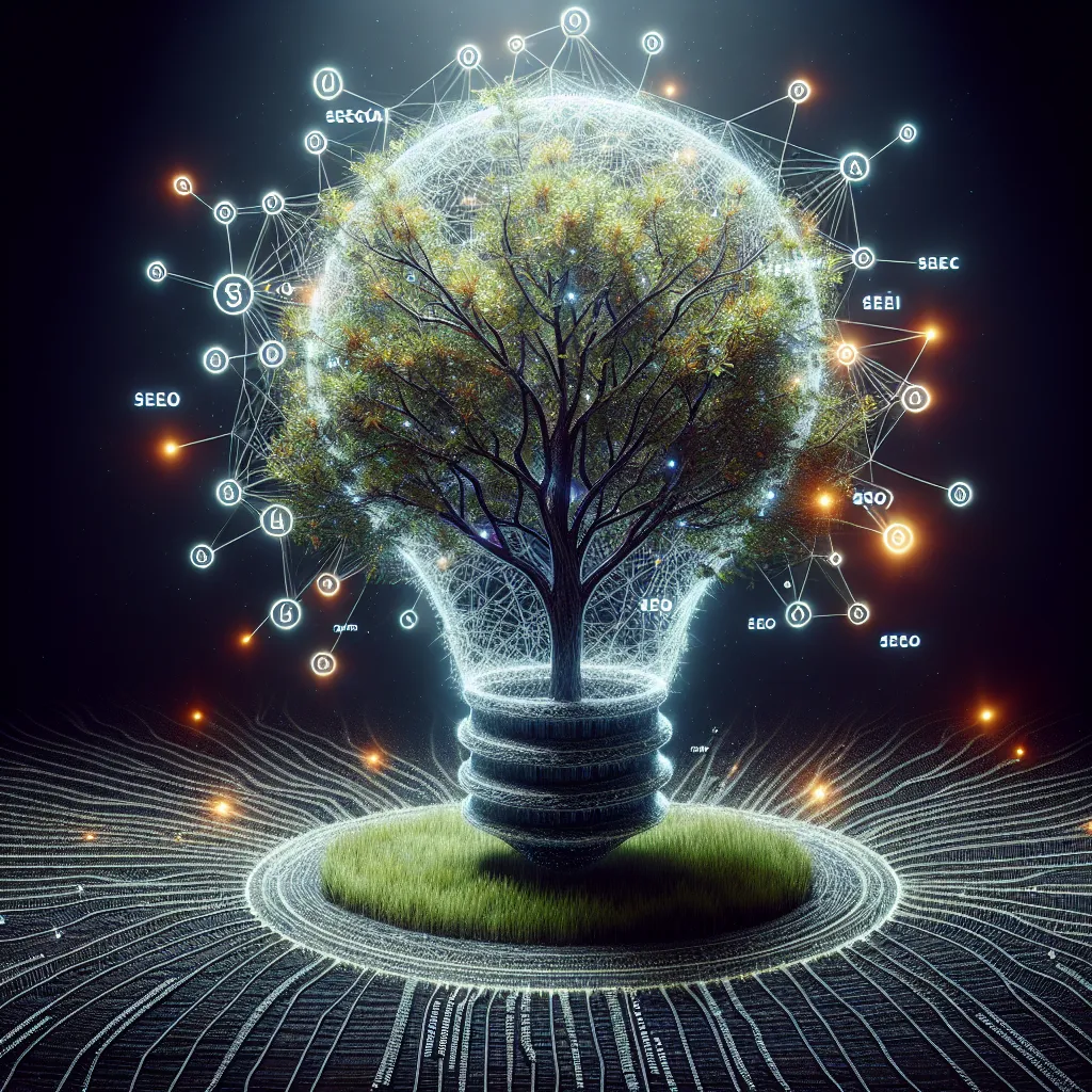 A digital lightbulb, constructed from web code, shines a bright, yellow light onto a lush, green tree sprouting keywords. This symbolizes the growth of organic online presence through SEO technicality.