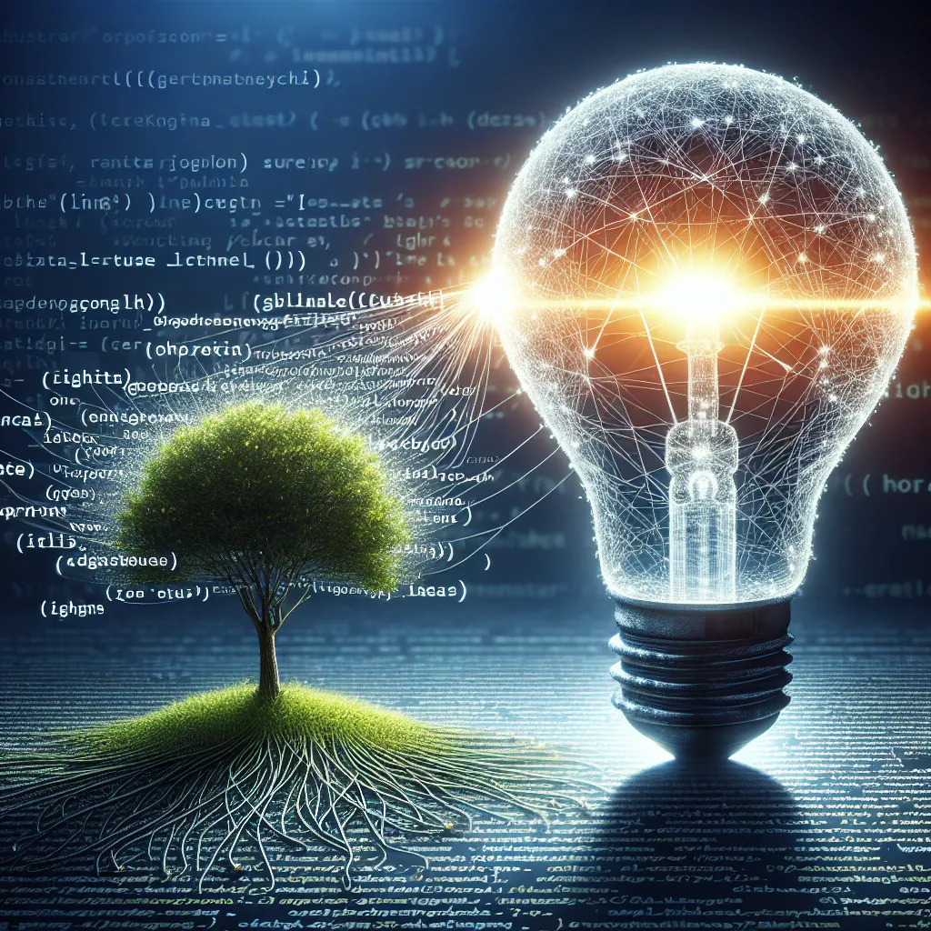 A digital illustration featuring a radiant lightbulb crafted from interconnected website code, illuminating an ascending tree sprouting keywords indicating SEO technical elements, symbolizing organic online growth.