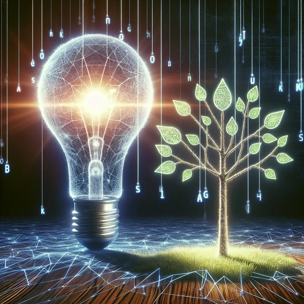Image of a glowing lightbulb made of website code illuminating a young tree covered in SEO-related keywords, symbolizing the link between technological SEO aspects and organic internet growth, depicted in an artistic style.