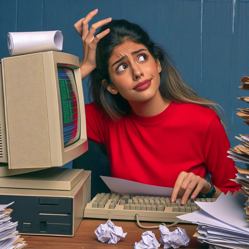 A young entrepreneur in a red shirt sits puzzled at an office desk covered with stacks of papers and a vintage 1990s desktop computer, signaling the challenges of understanding low website traffic in online business.