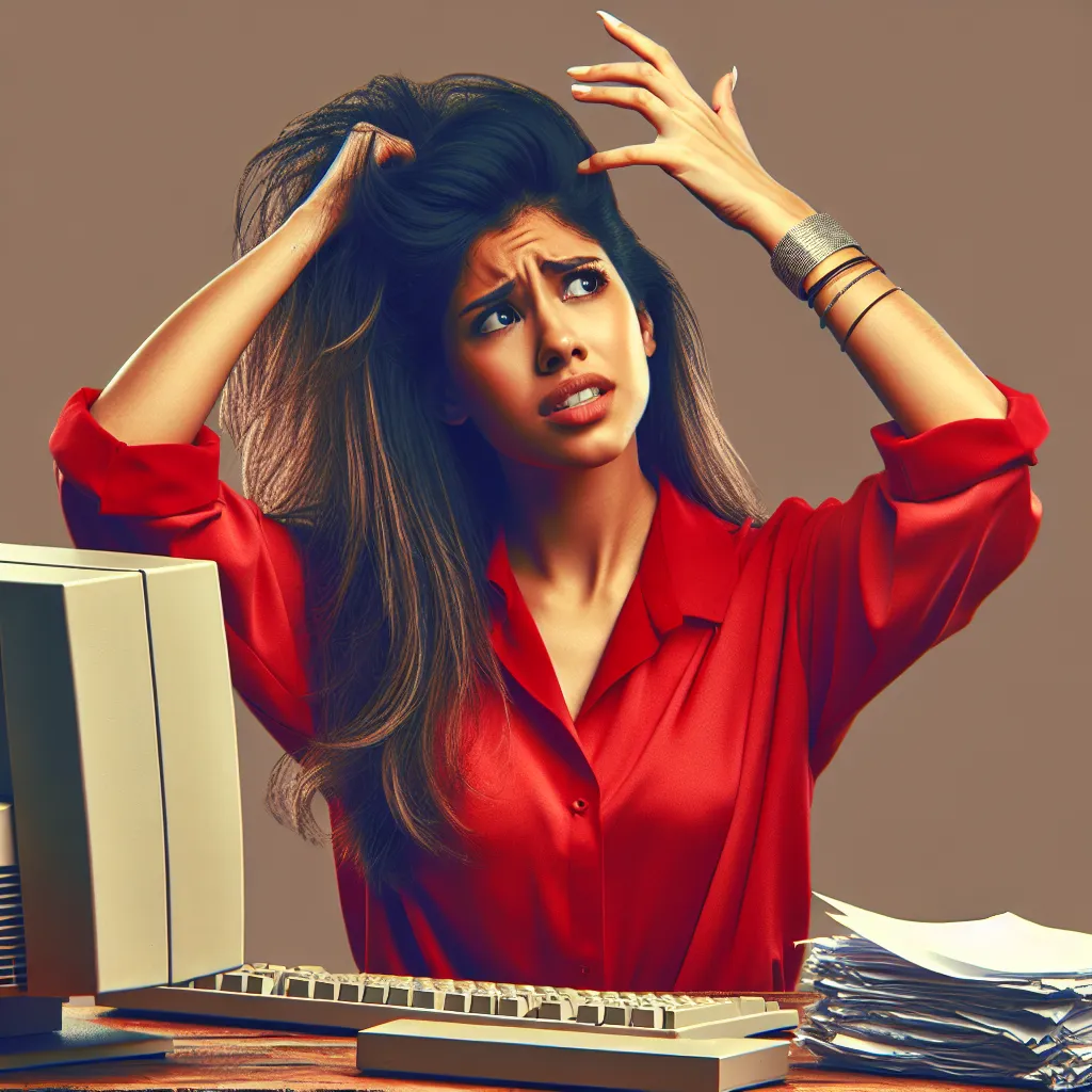 "Young entrepreneur in red shirt, with black long hair, sitting puzzled at a desk crowded with papers and a 1990s desktop computer, worried about his low website traffic."