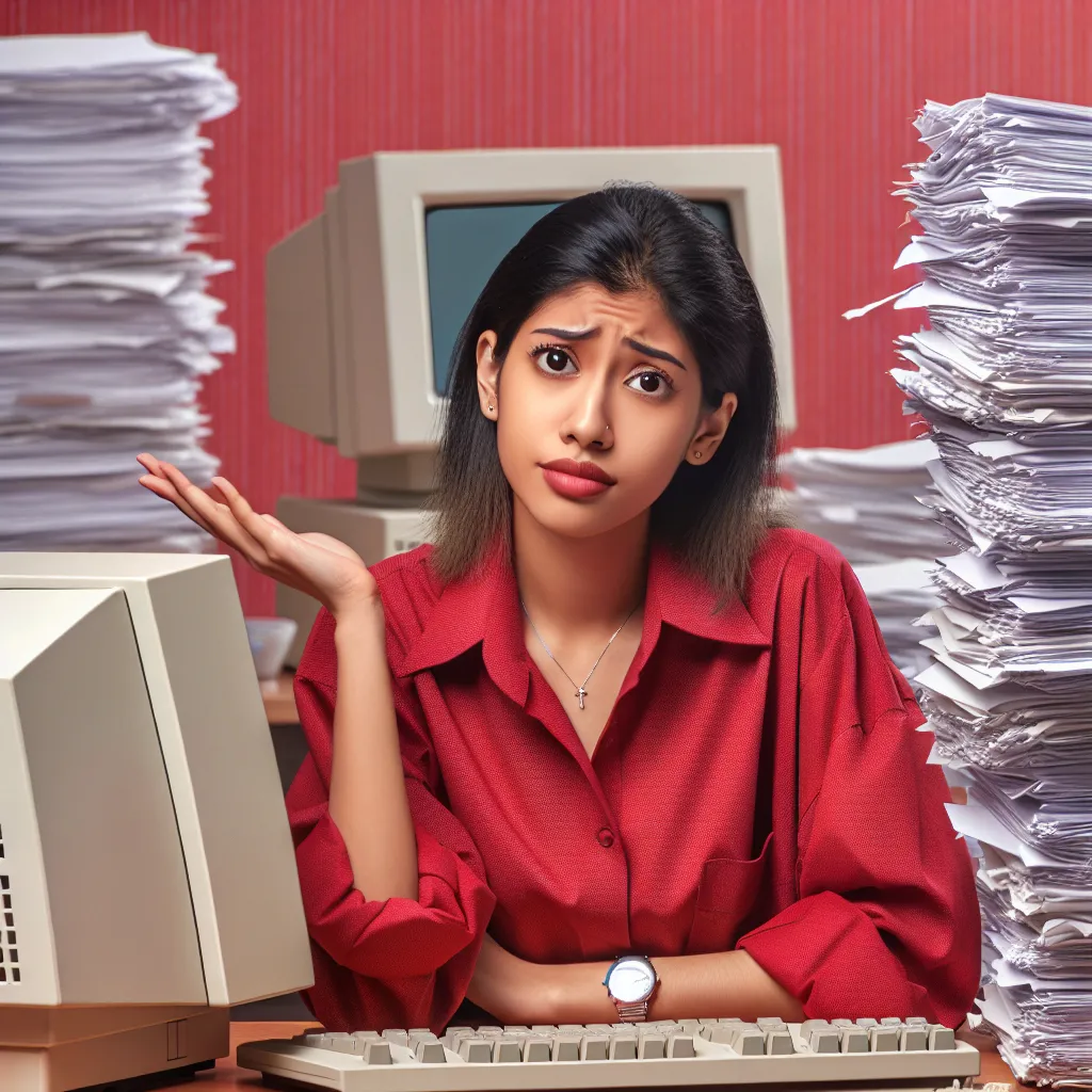 Young entrepreneur in a red shirt appears puzzled, sitting at a vintage 1990's desktop computer surrounded by stacks of paper, symbolizing online business challenges. There are office supplies visible but no cuts or injuries.
