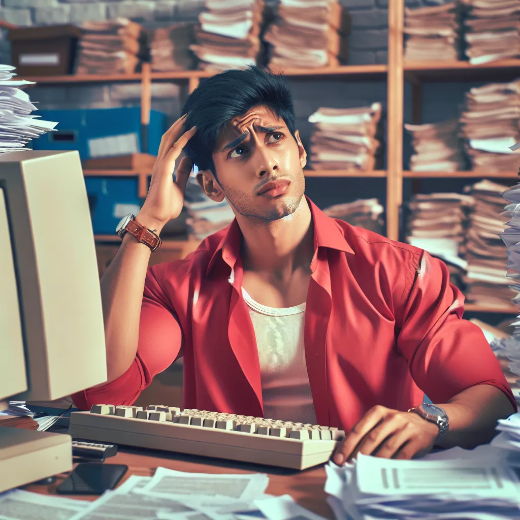 'A young entrepreneur wearing a red shirt at his desk with stacks of papers and a 1990s desktop computer, looking perplexed at his low website traffic. Watch and keyboard visible, but no musical instruments. No signs of physical harm.'