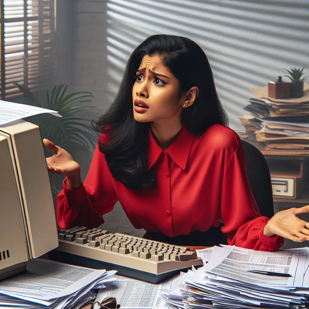 A young entrepreneur, dressed in red, appears puzzled as he tries to solve the mystery of low website traffic. He's surrounded by stacks of papers and a vintage 1990s desktop computer in an office setting, representing the inherent challenges of online business.