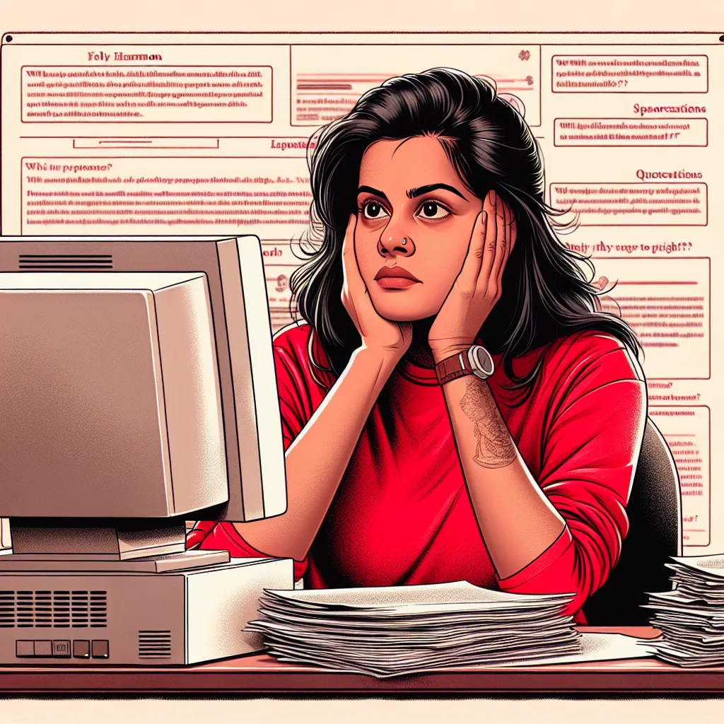 "Young entrepreneur in a red shirt puzzled at his desk surrounded by piles of papers, working on a 1990s desktop computer, demonstrating the difficulties of improving online business."