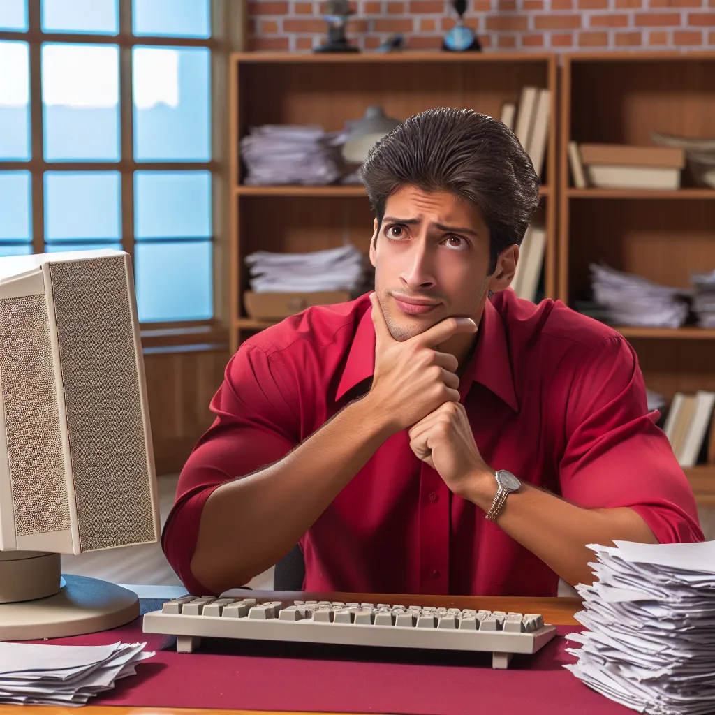 "Young entrepreneur in red shirt sitting puzzled at desk adorned with office supplies, surrounded by stacks of papers and a 1990s desktop computer, resonating the challenges of online business."