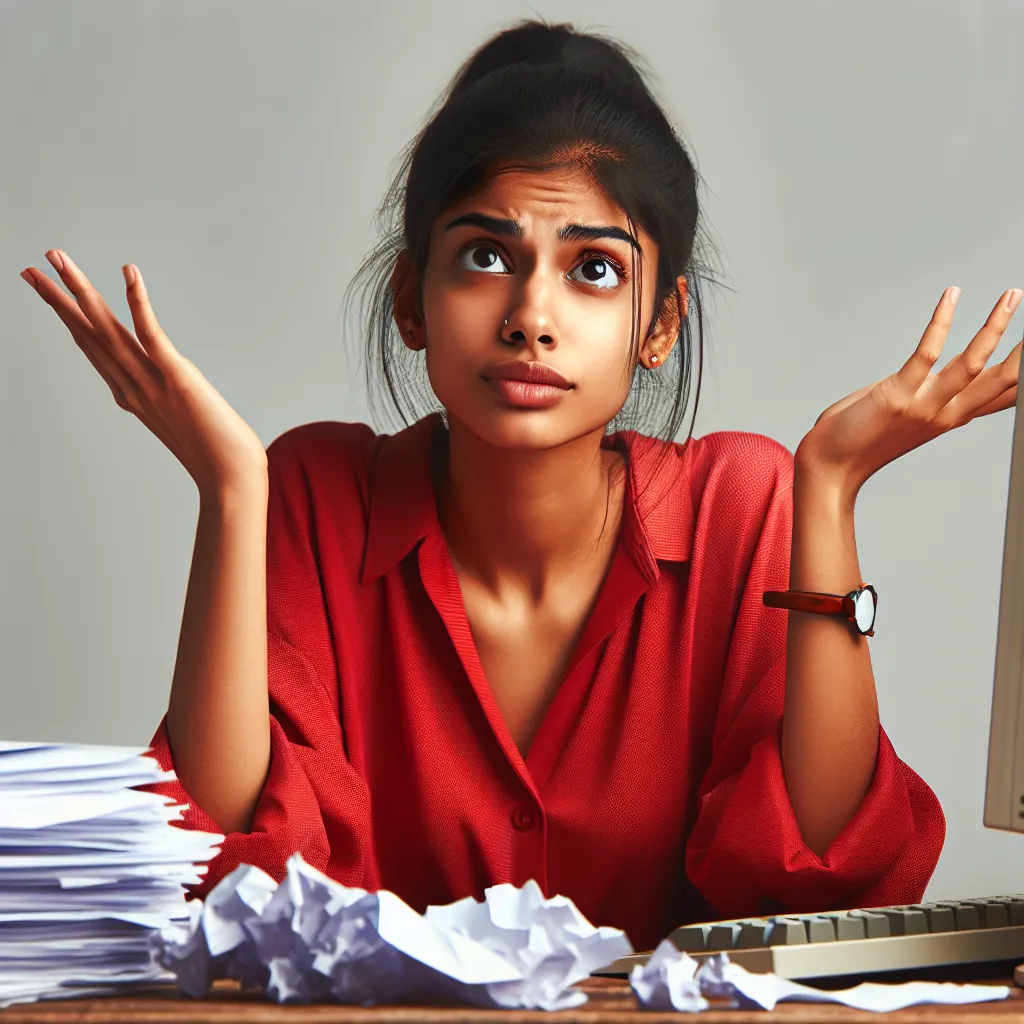 Young entrepreneur in a red shirt, looking puzzled while sitting at a desk filled with stacks of papers and a 1990s desktop computer, contemplating over low website traffic. This image portrays the challenges of online business with empathy.