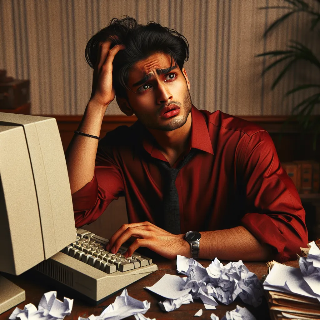 "A young entrepreneur in a red shirt looks puzzled at his computer on a desk cluttered with papers. He's trying to figure out why his website's traffic is low. A houseplant, watch and computer peripherals are also on the desk."