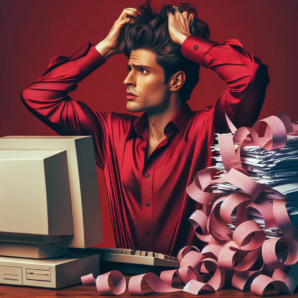 "Young entrepreneur in a red shirt at a desk, appearing puzzled while trying to decipher the reason for low website traffic. Around, there's a vintage computer and piles of papers, capturing the challenges of online business."