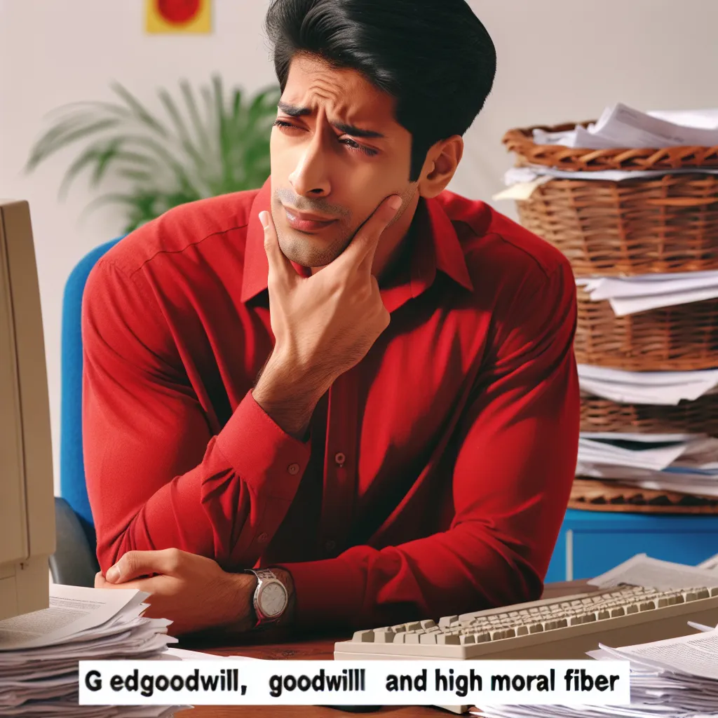 "Perplexed young entrepreneur in a red shirt, sitting at a desk overflowing with papers, staring at a classic 1990s computer while scratching his head. Visual elements like a clock, a watch, a cap, and houseplants add to the cozy home office setting."
