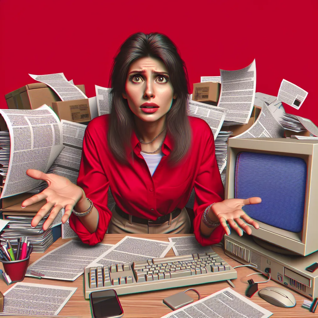 Young entrepreneur in a red shirt sitting at a desk surrounded by stacks of papers and a 1990s desktop computer, appearing puzzled as he assesses his website's low traffic.