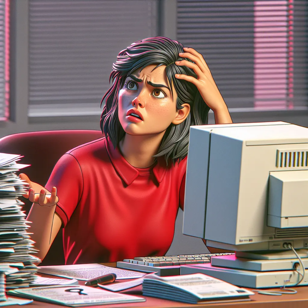 A young entrepreneur in a red shirt, looking puzzled at his 1990s desktop computer, surrounded by stacks of papers on his desk, illustrating the challenges of managing online business.