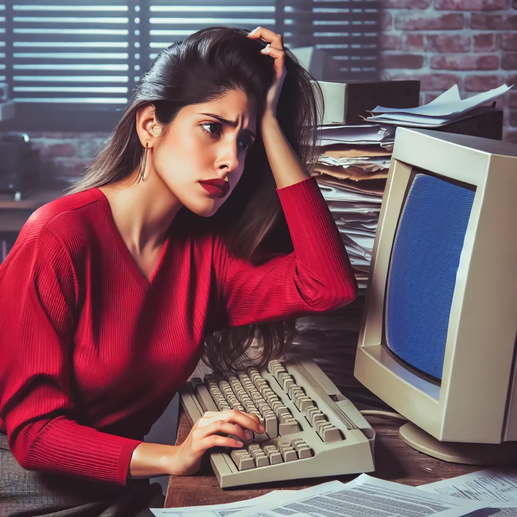 A young entrepreneur in a red shirt, sitting puzzled at his office desk laden with papers and a 1990s personal computer. He is scratching his head, trying to analyze the low traffic on his website, representing the challenges of online business.