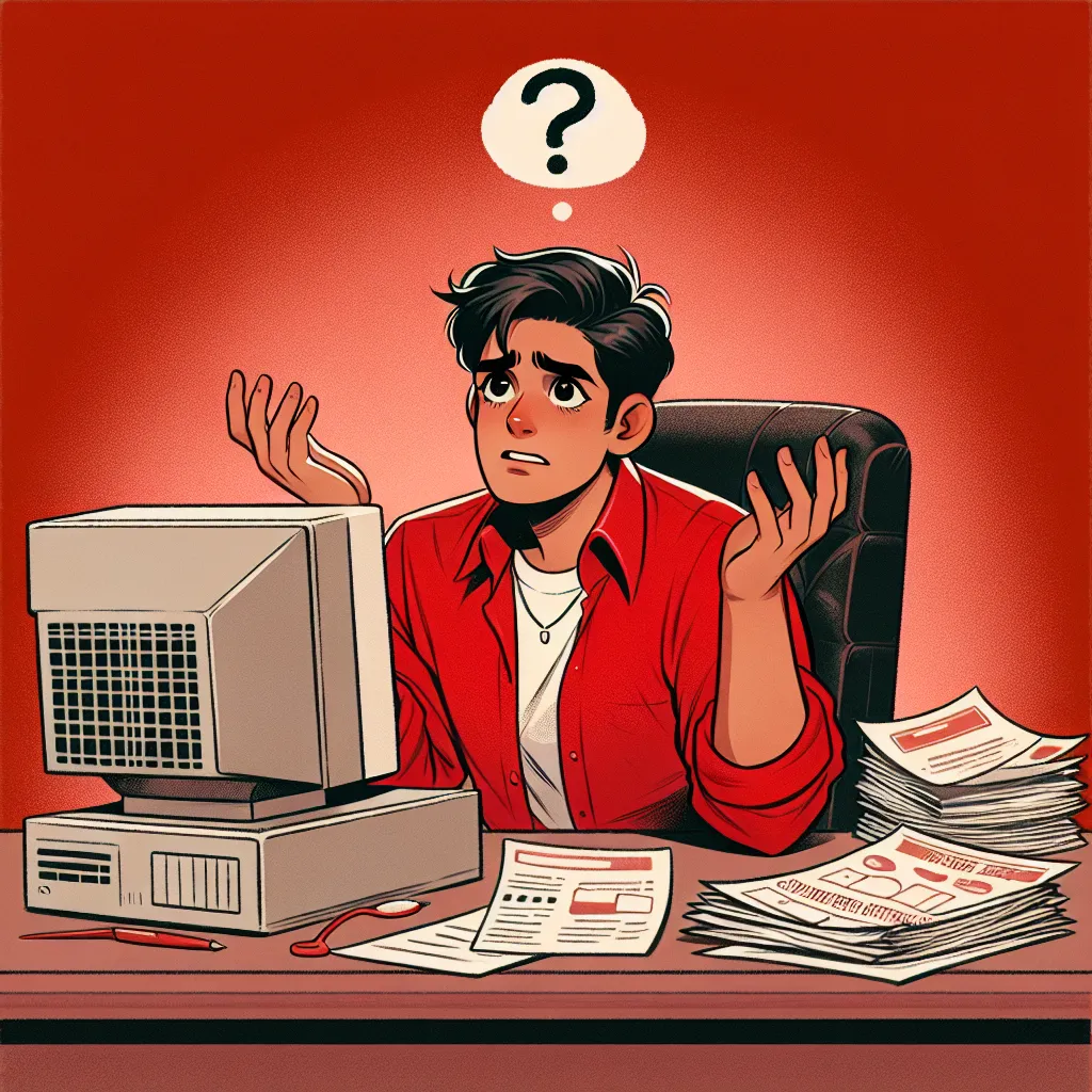 A young entrepreneur in a red shirt, looking puzzled at his 1990s desktop computer, surrounded by stacks of papers on a desk, representing the struggles of improving website traffic in online business.