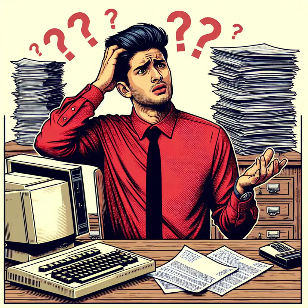 "Young entrepreneur in red shirt, puzzled at his desk amid stacks of papers and a vintage 1990s computer, trying to understand his website's low traffic. Represents online business challenges."