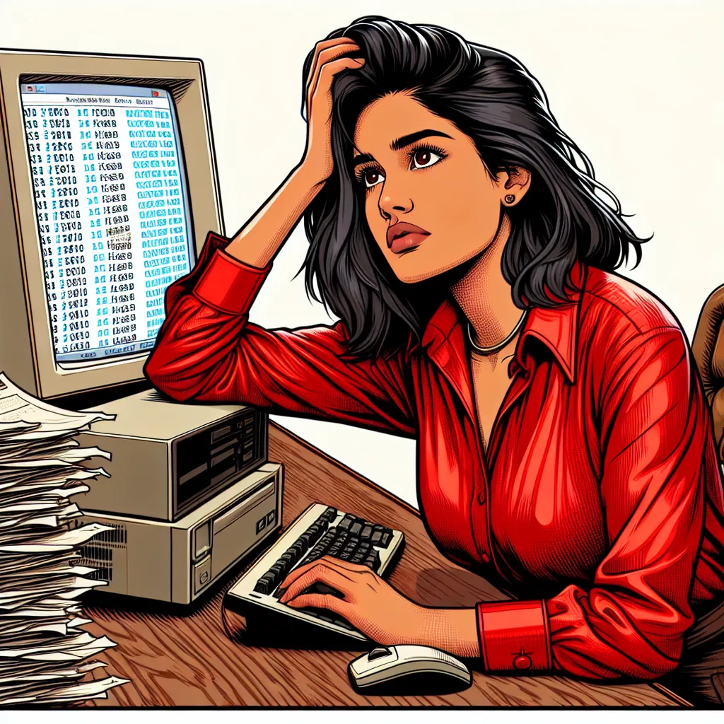 "Young entrepreneur in red shirt, gesturing in confusion while examining his computer screen in a cluttered office space with stacks of papers and a 1990s desktop computer, signifying online business challenges."