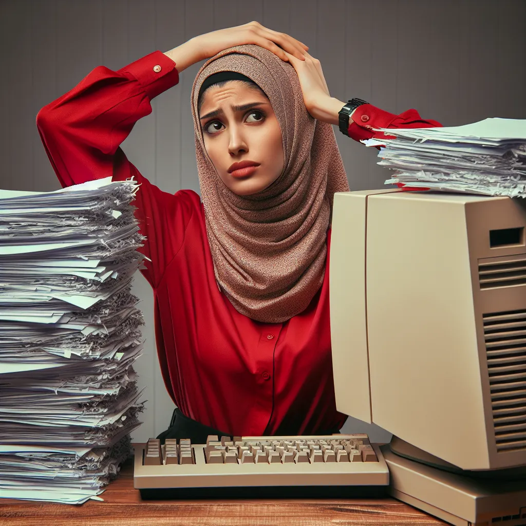 "Young entrepreneur in red shirt, sitting puzzled at his desk around stacks of papers and a 1990s desktop computer, reflecting the everyday challenges of online business."