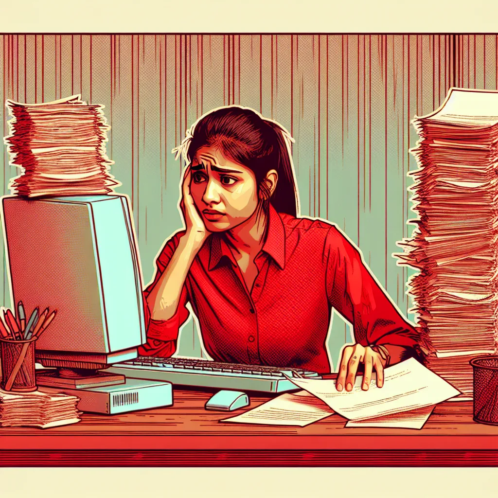 "Young entrepreneur in red shirt, looking puzzled at his computer on a cluttered desk with stacks of papers, as he faces challenges in increasing his online business traffic."