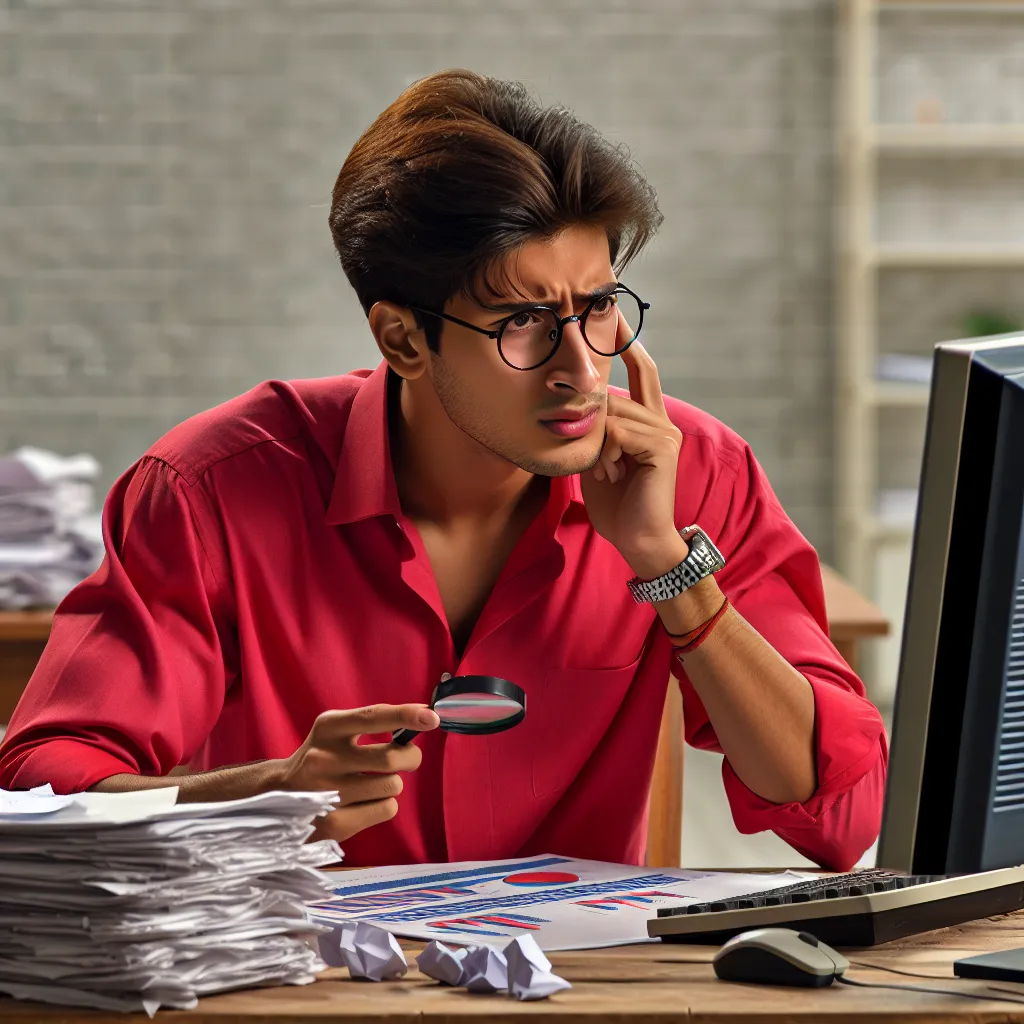 'A frustrated young entrepreneur in a red shirt, sitting at a desk cluttered with papers and a vintage 1990s desktop computer, scratching his head as he analyzes why his online business's website traffic is low.'