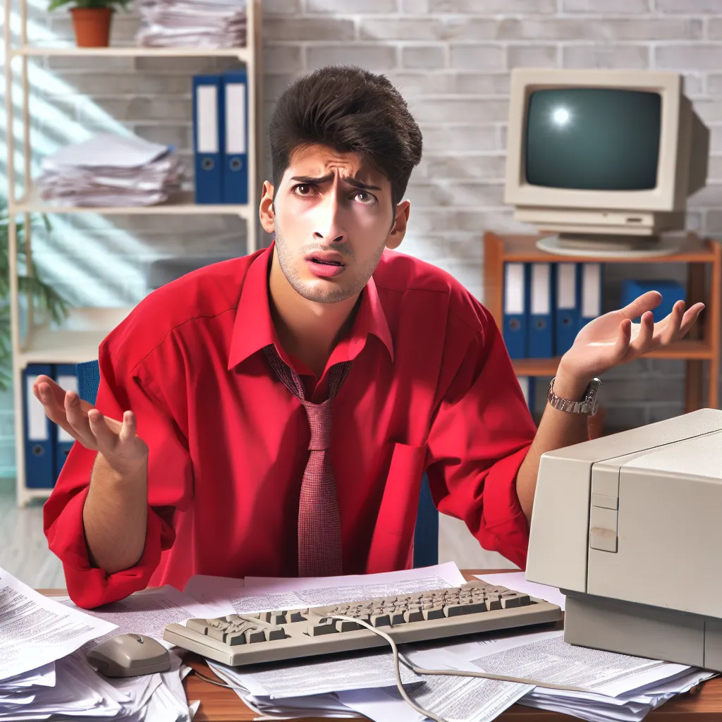"A young businessman in a red shirt, sitting puzzled at a desk covered with papers and a 1990s desktop computer, trying to understand the low website traffic, representing online business challenges."