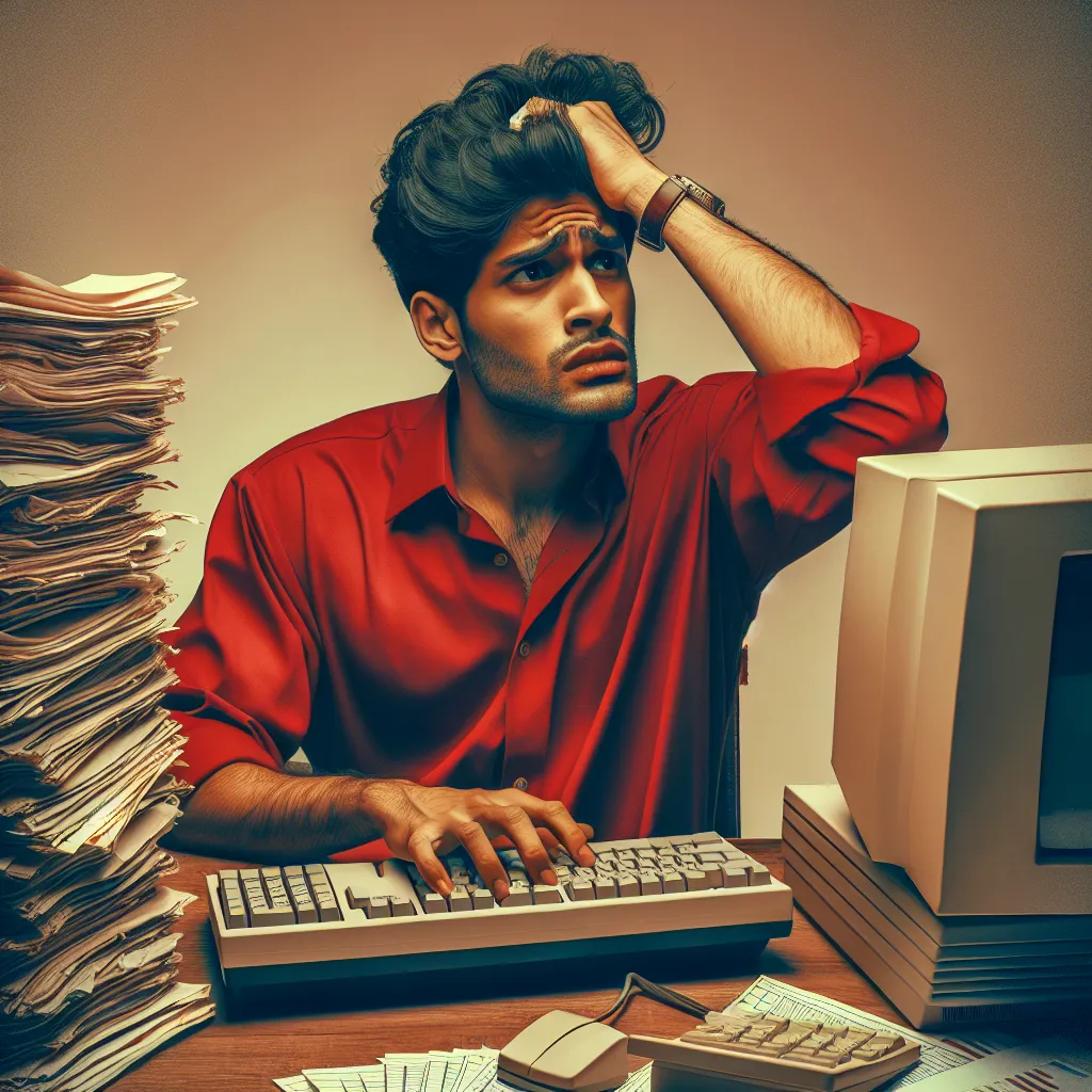 "Photo of a young, confused businessman in a vibrant red shirt, scrutinizing website data on a vintage 90s computer, surrounded by paper stacks. He is seated near a digital piano and other musical instruments, highlighting his entrepreneurial spirit and artistic side."