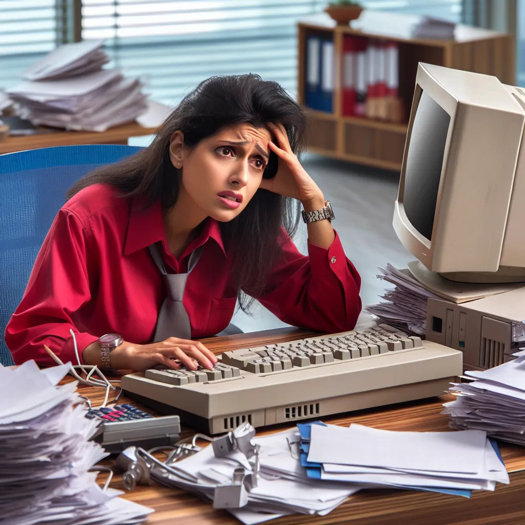 Young entrepreneur in a red shirt, sitting at a desk with a 1990s desktop computer and stacks of papers, looking puzzled while trying to navigate the challenges of online business, emphasizing empathy.