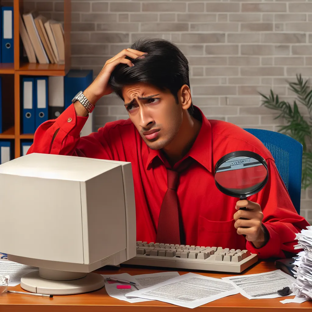 "Young entrepreneur in a red shirt, looking puzzled at a 1990s desktop computer surrounded by stacks of papers, contemplating over low website traffic. Setting includes a bookcase, plant, and office equipment on a table."
