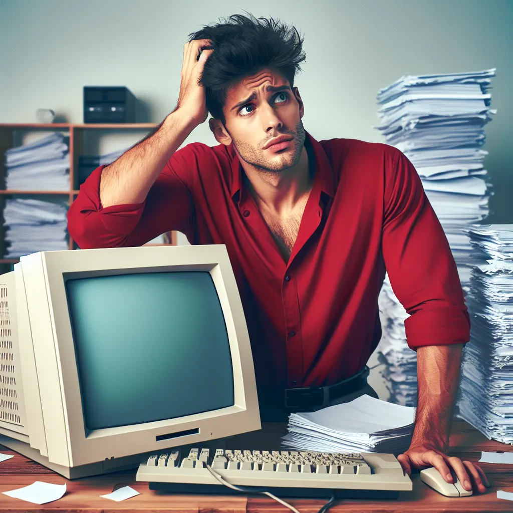 "A young entrepreneur in a red shirt, puzzled at his desk, trying to understand the reason for low website traffic. He's surrounded by stacks of papers, a 1990s desktop computer, keyboard, and other computer peripherals."