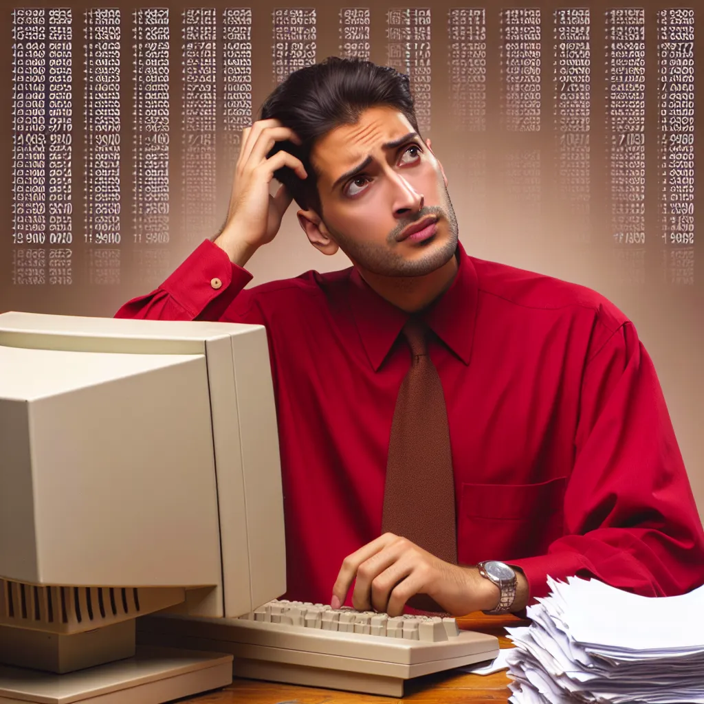 "A thoughtful young entrepreneur in a red shirt at a desk, surrounded by stacks of papers and a 1990s personal computer, visibly puzzled while examining his low website traffic, depicting the hardship of online business."