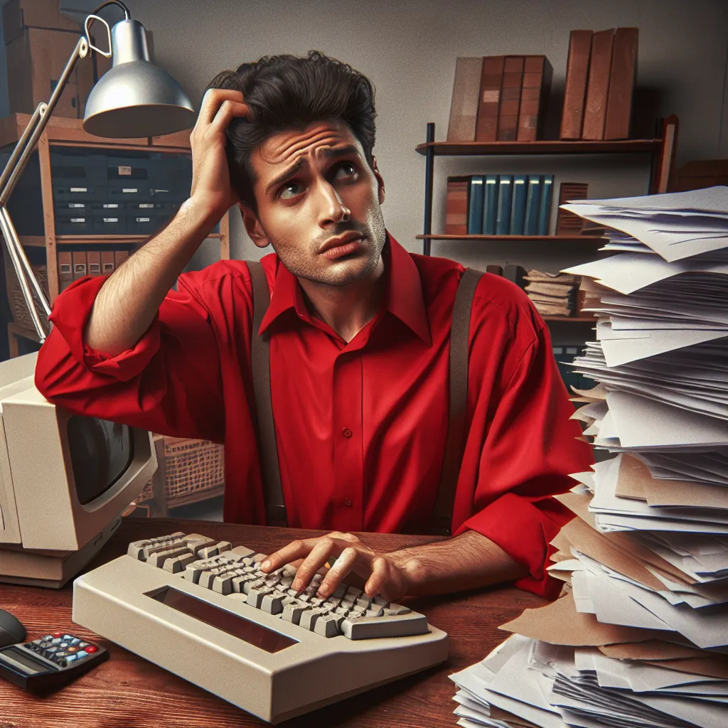 A young businessman in a red shirt, looking puzzled at a computer screen amid stacks of papers, scratching his head, trying to figure out why his website traffic is low, symbolizing online business challenges.