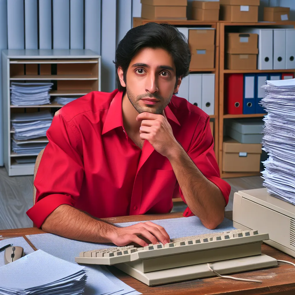 A young entrepreneur in a red shirt, looking puzzled at his desk filled with stacks of papers and an outdated desktop computer, struggling to figure out his low website traffic.